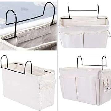 KonHaovF 2Pack Bedside Organizer Caddy Hanging with Hook, Bed Storage Pocket for Dorm Kids Room Top Bunk Bed Loft Bed, Bedside Storage for Phone Remote Control Laptop Books (White)