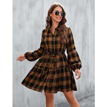Blooming Jelly Womens Plaid Dress - Flowy Puff Sleeves