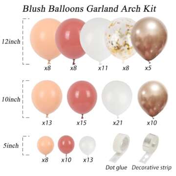 RUBFAC Blush Pink Balloons Garland Arch Kit, Dusty Pink Peach Colored Rose Gold White Balloons Confetti Latex Balloons for Party Birthday Girls Baby Shower Decorations