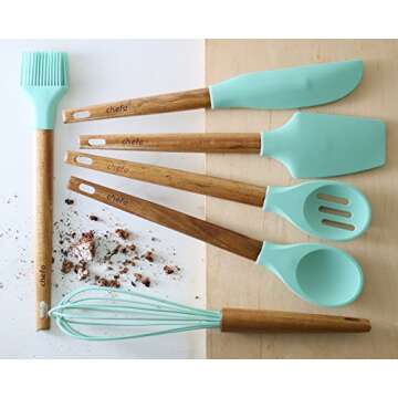 Silicone Baking Utensils - Balloon whisk, Slotted & Solid Kitchen Spoon, Spatula, Long Scraper and P...