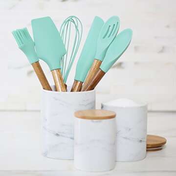 Silicone Baking Utensils - Balloon whisk, Slotted & Solid Kitchen Spoon, Spatula, Long Scraper and Pastry Brush, Acacia Hard Wood Handle