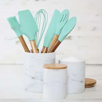 Silicone Baking Utensils - Balloon whisk, Slotted & Solid Kitchen Spoon, Spatula, Long Scraper and Pastry Brush, Acacia Hard Wood Handle