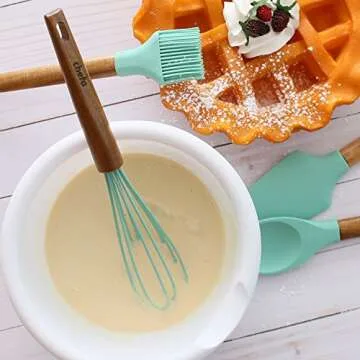 Silicone Baking Utensils - Balloon whisk, Slotted & Solid Kitchen Spoon, Spatula, Long Scraper and Pastry Brush, Acacia Hard Wood Handle