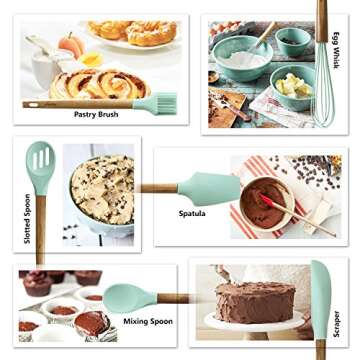 Silicone Baking Utensils - Balloon whisk, Slotted & Solid Kitchen Spoon, Spatula, Long Scraper and Pastry Brush, Acacia Hard Wood Handle