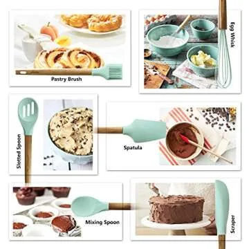 Silicone Baking Utensils - Balloon whisk, Slotted & Solid Kitchen Spoon, Spatula, Long Scraper and Pastry Brush, Acacia Hard Wood Handle