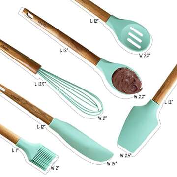 Silicone Baking Utensils - Balloon whisk, Slotted & Solid Kitchen Spoon, Spatula, Long Scraper and Pastry Brush, Acacia Hard Wood Handle