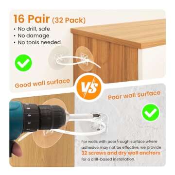 Furniture Anchors, 32 Pack Upgraded Anti-Tip furniture Anchors for Baby Proofing,Adhesive Wall Anchors No Drill with Adjustable Straps Securing up to 186lbs Bookcase Cabinet for Child Proofing