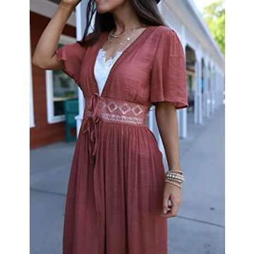 Bsubseach Beach Coverup for Women Bathing Suit Long Coverups Lace Kimonos Bikini Swimsuit Resort Wear Summer Rust Red
