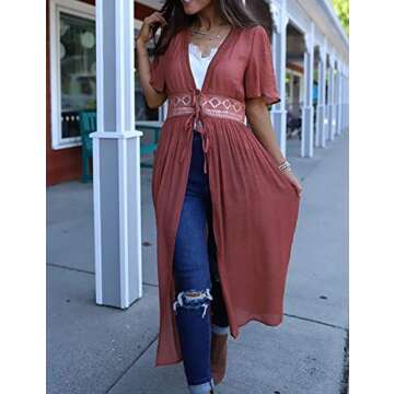 Bsubseach Beach Coverup for Women Bathing Suit Long Coverups Lace Kimonos Bikini Swimsuit Resort Wear Summer Rust Red