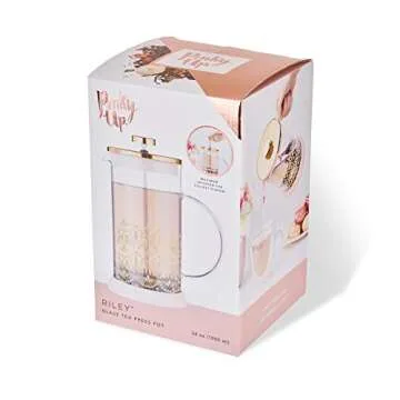 Pinky Up Riley Casablanca Glass Tea Press Pot, Coffee Maker, French Press for Loose Leaf Tea and Coffee, Hot or Iced Beverage Brewer, 34 oz, Pink And Gold