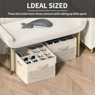 Aokeyee Shoe Organizer for Closet,2 Pack Foldable Shoe Storage Organizer Box Bin w/Adjustable Dividers and Clear Cover, Fits up to 16-32 Pairs, (Beige)