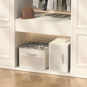 Aokeyee Shoe Organizer for Closet,2 Pack Foldable Shoe Storage Organizer Box Bin w/Adjustable Dividers and Clear Cover, Fits up to 16-32 Pairs, (Beige)