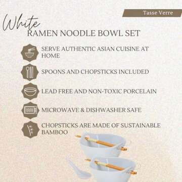 Tasse Verre Porcelain Noodle Soup Bowl w/Bamboo Chopsticks and Ceramic Spoon 20 oz, 2-Pack