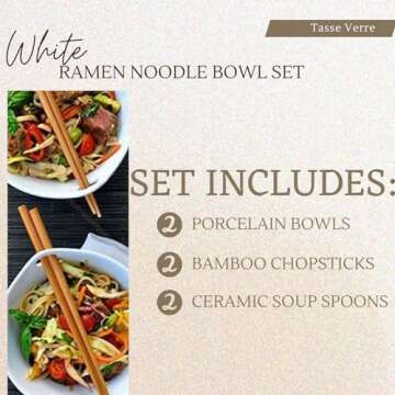 Tasse Verre Porcelain Noodle Soup Bowl w/Bamboo Chopsticks and Ceramic Spoon 20 oz, 2-Pack