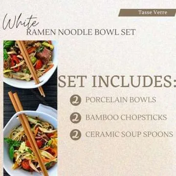 Tasse Verre Porcelain Noodle Soup Bowl w/Bamboo Chopsticks and Ceramic Spoon 20 oz, 2-Pack