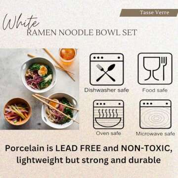 Tasse Verre Porcelain Noodle Soup Bowl w/Bamboo Chopsticks and Ceramic Spoon 20 oz, 2-Pack