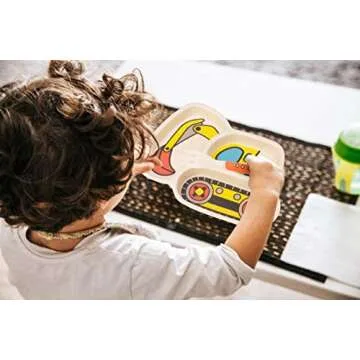 Kid Plate Set Bamboo Toddler Plates Dinnerware Dinner Dish Set Baby Feeding Spill Proof Divided Plate - Baby Spoon and fork 3-Piece Set for Kids and Toddlers Teaches Child Portion Control