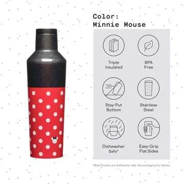 Corkcicle Disney Minnie Insulated Canteen Travel Water Bottle, Triple Insulated with Easy Grip, Keeps Beverages Cold for 25 Hours or Warm for 12 Hours, 16 oz, Polka Dot Red
