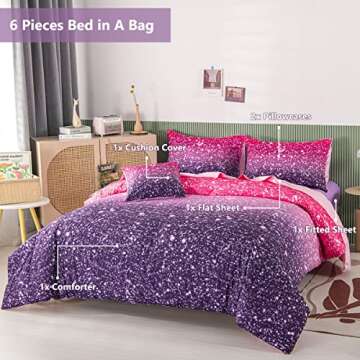 PERFEMET Purple Glitter Comforter Set Twin Size 6 Pieces Bed in A Bag for Teen Girls 3D Colorful Rai...