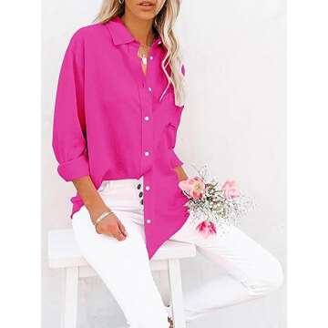 siliteelon Womens Button Down Shirts Cotton Dress Shirts Long Sleeve Blouses V Neck Solid Casual Tunics Tops with Pockets - Hot Pink M
