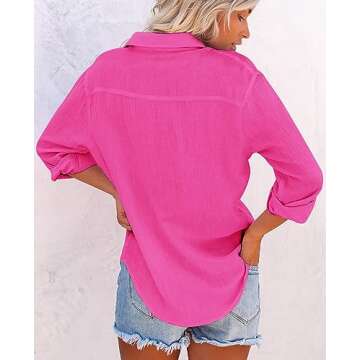 siliteelon Womens Button Down Shirts Cotton Dress Shirts Long Sleeve Blouses V Neck Solid Casual Tunics Tops with Pockets - Hot Pink M