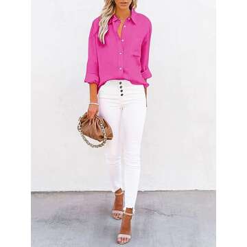 siliteelon Womens Button Down Shirts Cotton Dress Shirts Long Sleeve Blouses V Neck Solid Casual Tunics Tops with Pockets - Hot Pink M
