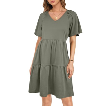 ANRABESS Womens Summer V Neck Short Flutter Sleeve Tunic Mini Dress 2025 Casual Flowy Tiered Floral ...