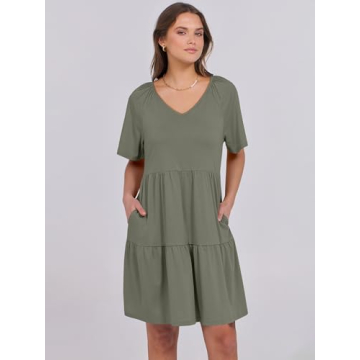 ANRABESS Womens Summer V Neck Short Flutter Sleeve Tunic Mini Dress 2025 Casual Flowy Tiered Floral Beach Babydoll Dress Olive Large