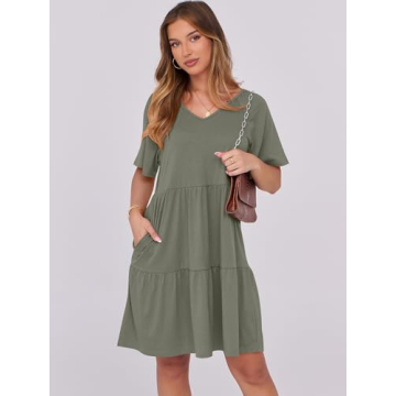 ANRABESS Womens Summer V Neck Short Flutter Sleeve Tunic Mini Dress 2025 Casual Flowy Tiered Floral Beach Babydoll Dress Olive Large