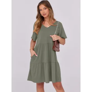 ANRABESS Womens Summer V Neck Short Flutter Sleeve Tunic Mini Dress 2025 Casual Flowy Tiered Floral Beach Babydoll Dress Olive Large
