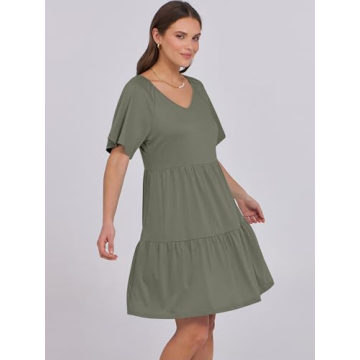 ANRABESS Womens Summer V Neck Short Flutter Sleeve Tunic Mini Dress 2025 Casual Flowy Tiered Floral Beach Babydoll Dress Olive Large