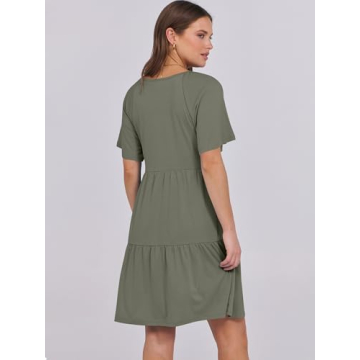 ANRABESS Womens Summer V Neck Short Flutter Sleeve Tunic Mini Dress 2025 Casual Flowy Tiered Floral Beach Babydoll Dress Olive Large