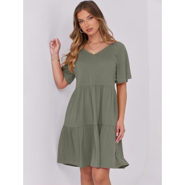 ANRABESS Womens Summer V Neck Short Flutter Sleeve Tunic Mini Dress 2025 Casual Flowy Tiered Floral Beach Babydoll Dress Olive Large
