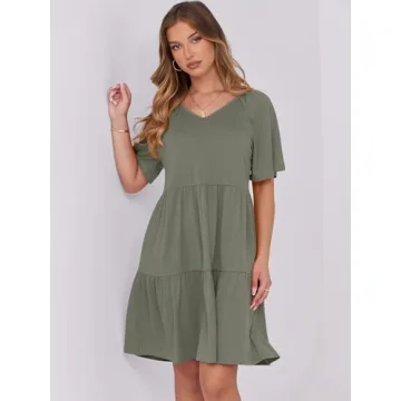 ANRABESS Womens Summer V Neck Short Flutter Sleeve Tunic Mini Dress 2025 Casual Flowy Tiered Floral Beach Babydoll Dress Olive Large