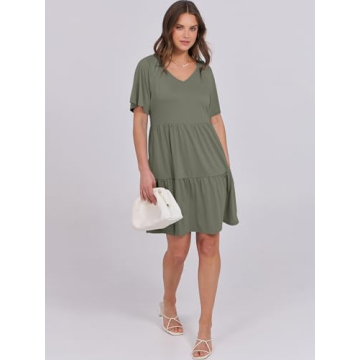 ANRABESS Womens Summer V Neck Short Flutter Sleeve Tunic Mini Dress 2025 Casual Flowy Tiered Floral Beach Babydoll Dress Olive Large