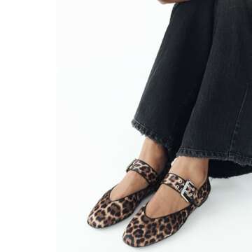 Moyilishan Leopard Print Ballet Flats Womens Round Toe Buckle Strap Mary Jane Flat Comfortable Casua...