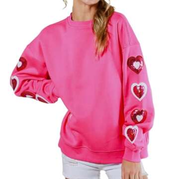 Faretumiya Women Heart Print Sequin Sweatshirt Romantic Love Graphic Shirt Valentine's Day Long Slee...