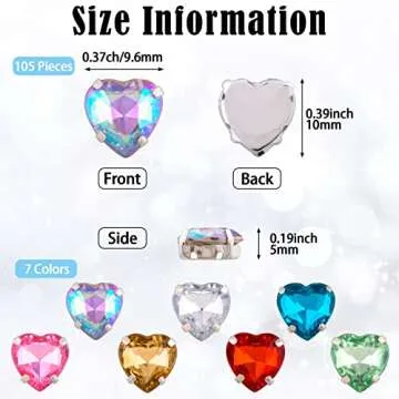 PAGOW 105Pcs Sew On Rhinestones Heart Buttons, 10mm Crystal Heart Rhinestones Flatback with Silver Prongs, Used for DIY Jewelry Findings Making Wedding Decoration Embellishments