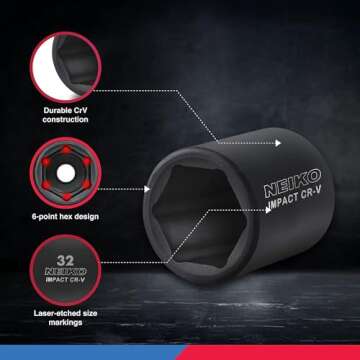 Neiko 02447A 1/2" Drive Master Impact Socket Set, 32 Piece Shallow Socket Assortment | Standard SAE (3/8-Inch to 1-1/4-Inch) and Metric (10-32 mm) Sizes | Cr-V Steel