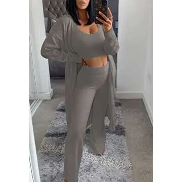 Fixmatti Womens 3 Pieces Fuzzy Crop Top and Pant Kimono Cardigan Pajamas Set Fleece Loungewear Grey L