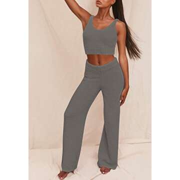 Fixmatti Womens 3 Pieces Fuzzy Crop Top and Pant Kimono Cardigan Pajamas Set Fleece Loungewear Grey L