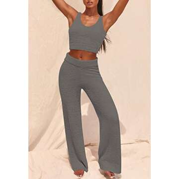 Fixmatti Womens 3 Pieces Fuzzy Crop Top and Pant Kimono Cardigan Pajamas Set Fleece Loungewear Grey L