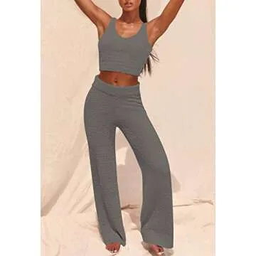 Fixmatti Womens 3 Pieces Fuzzy Crop Top and Pant Kimono Cardigan Pajamas Set Fleece Loungewear Grey L