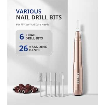 AIRSEE Electric Nail Drill, Portable USB Nail EFile Machine for Beginners, Nail File Manicure Pedicure Dremel Kit with 6 Bits 26 Sanding Bands for Home Acrylic Gel Nails Polishing DIY Gold N14