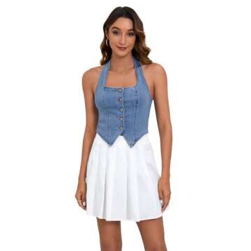 SHENHE Women's Denim Tops Y2K Halter Button Up Strapless Jean Vest Western Going Out Crop Top Blue M