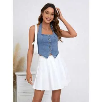 Trendy SHENHE Women's Denim Top Halter Crop Vest
