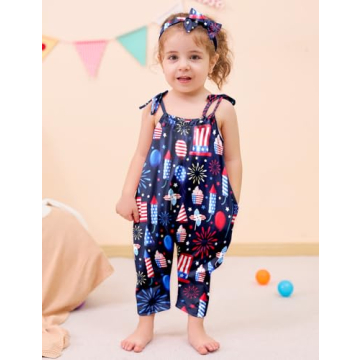 Lindanina 4Th of July Toddler Girls Romper with Headband