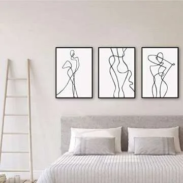 Ecyanlv Female Wall Art Line Drawing Girl Print Minimalist Wall Art Simple Fashion Poster Women Flower Leaf Body Sketch Black White Canvas Painting Aesthetic Canvas Prints 16x24inchx3 Unframed