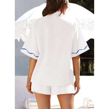 PRETTYGARDEN Women's Casual 2 Piece Outfits Summer Button Down Shirts Tops and Lounge Shorts Pajama Sets (White,Medium)