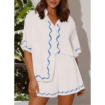 PRETTYGARDEN Women's Casual 2 Piece Outfits Summer Button Down Shirts Tops and Lounge Shorts Pajama Sets (White,Medium)